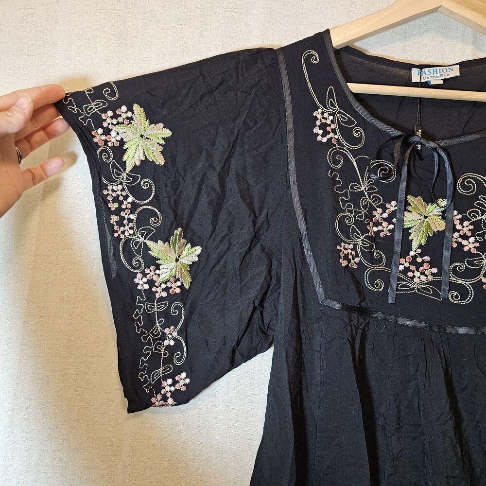 Heavily Embroidered Black Mini Dress Tunic Mexican Beach Travel NWT Size Large - Picture 3 of 9